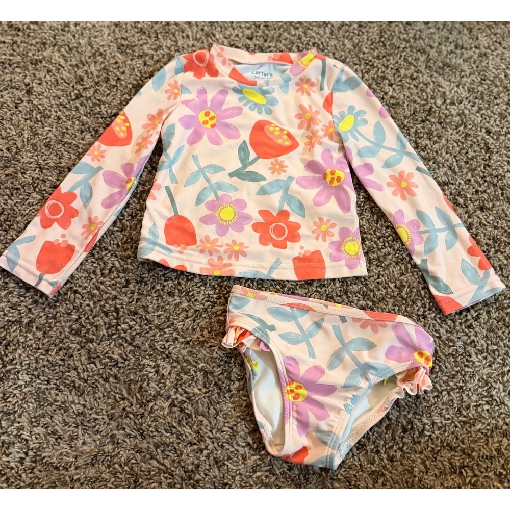 Carter's Toddler Girl Orange Floral Pattern Rash Guard & Matching Bottoms 2t